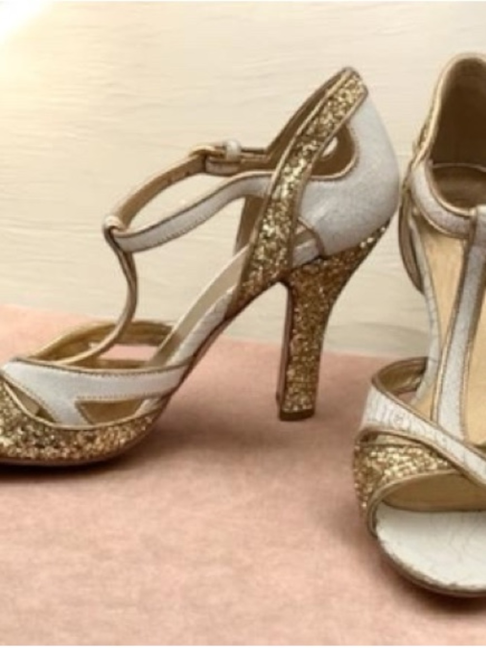Miu Miu.  Gold and White Glitter T-Strap High Heel Sandals Size 37.5 - Picture 4 of 4